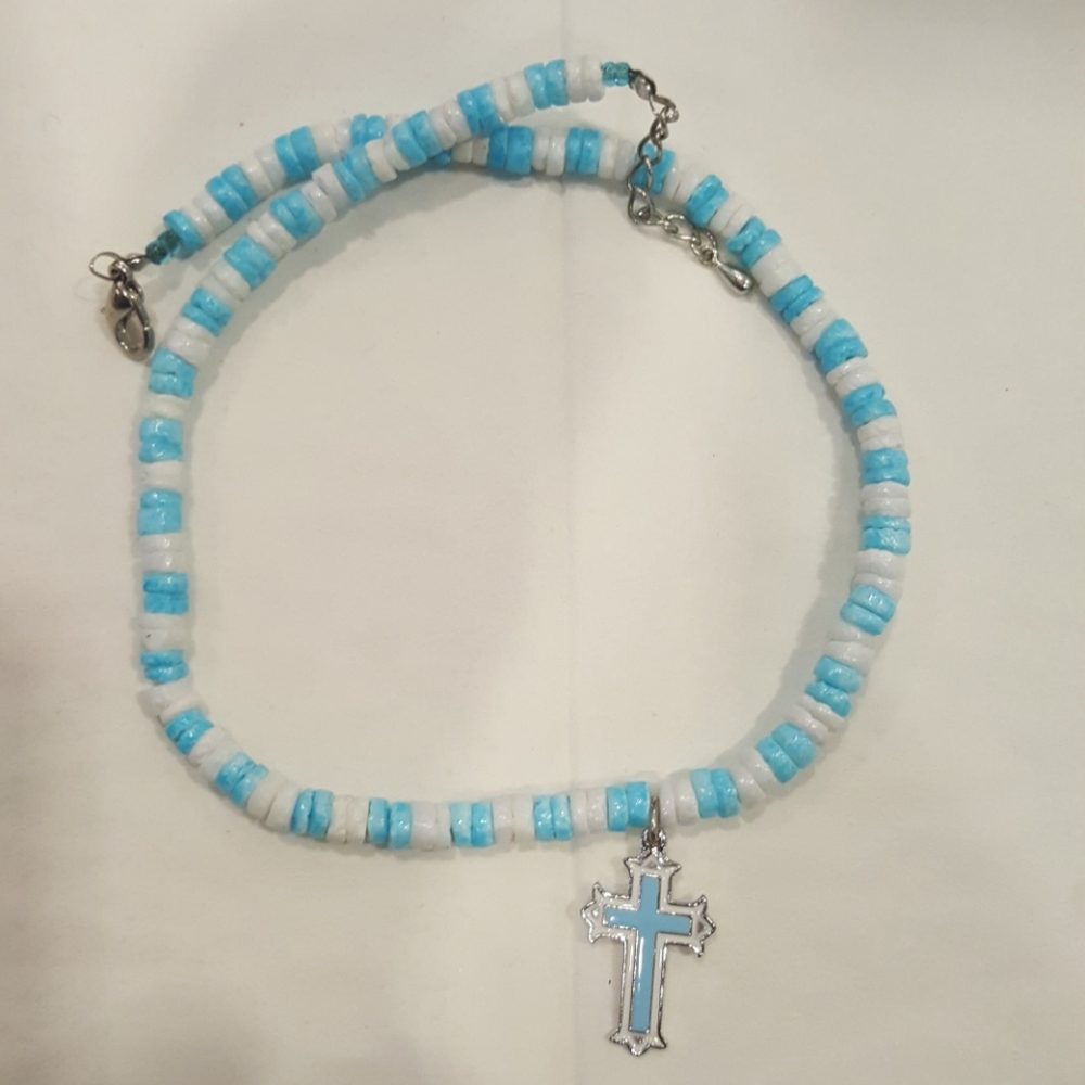 Baby blue n white silver toned cross new in box